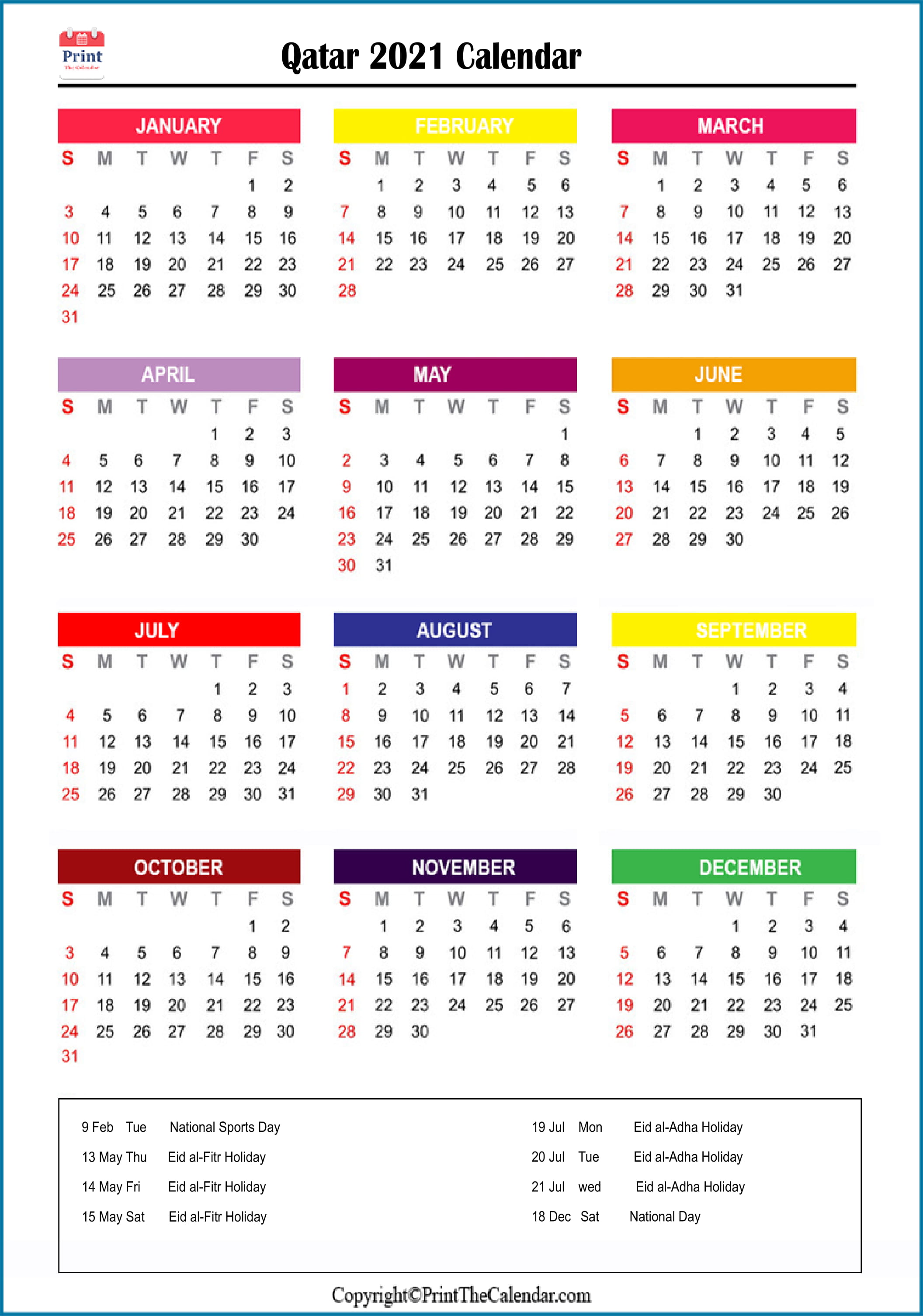 Qatar Printable Calendar 2021